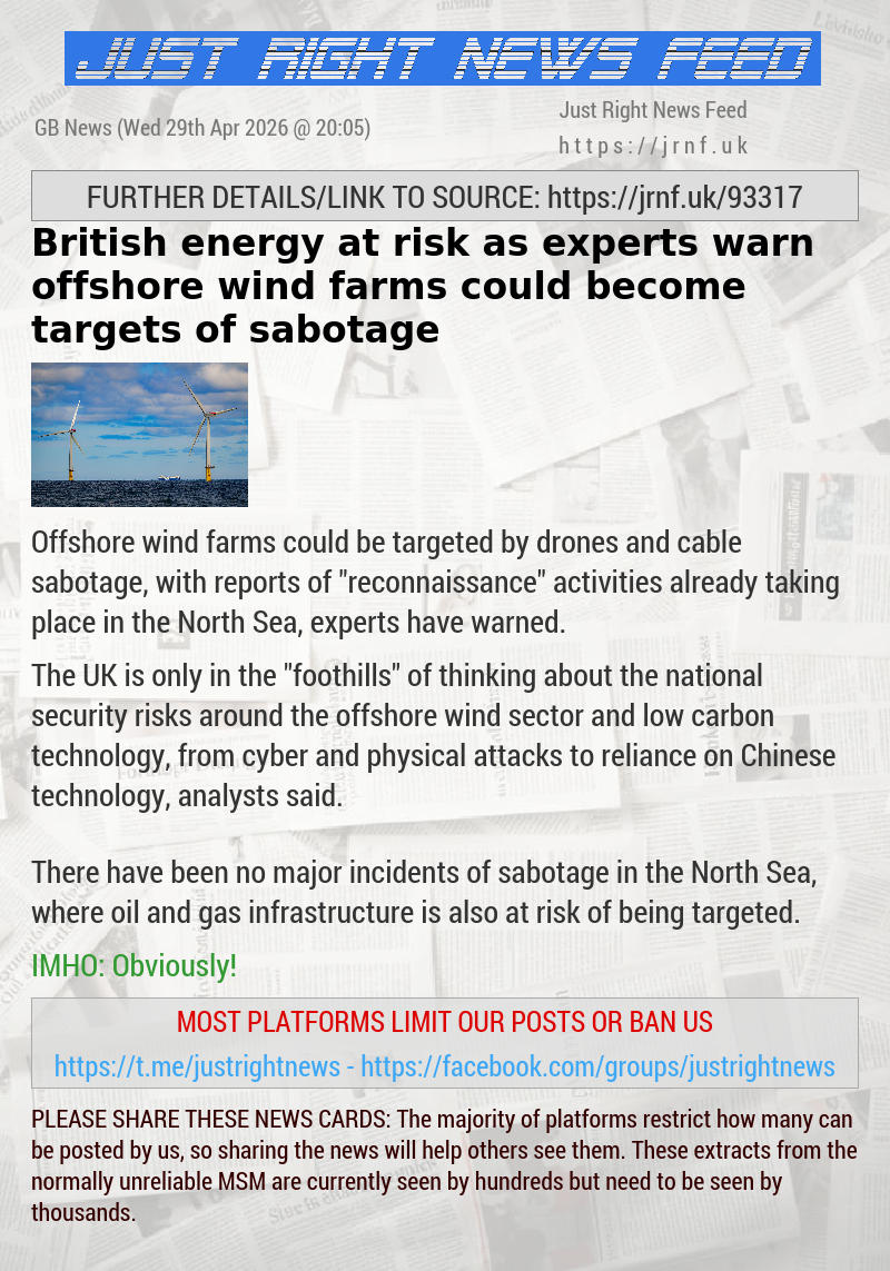 British energy at risk as experts warn offshore wind farms could become targets of sabotage