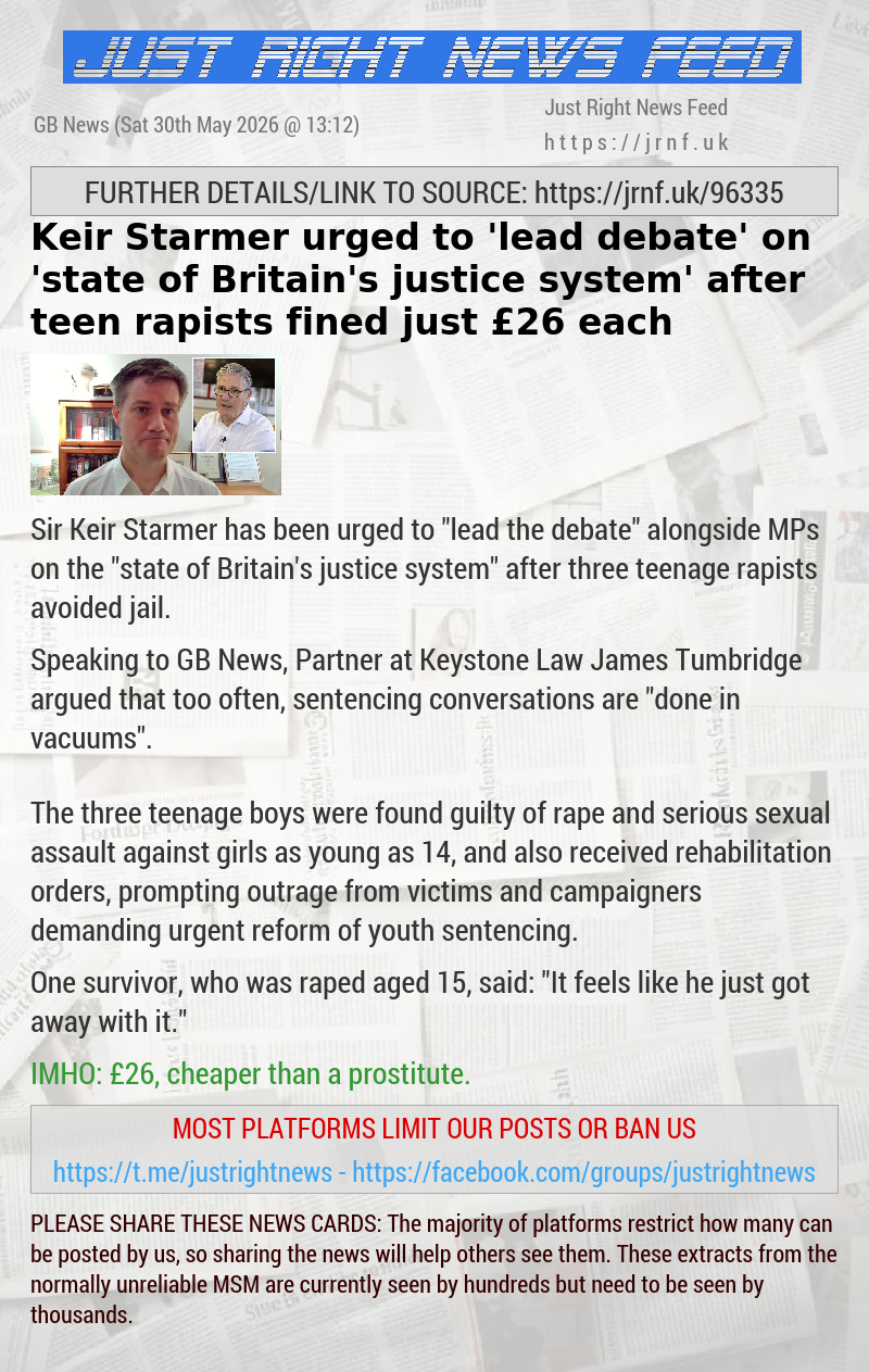 Keir Starmer urged to ’lead debate’ on ’state of Britain’s justice system’ after teen rapists fined just &pound;26 each