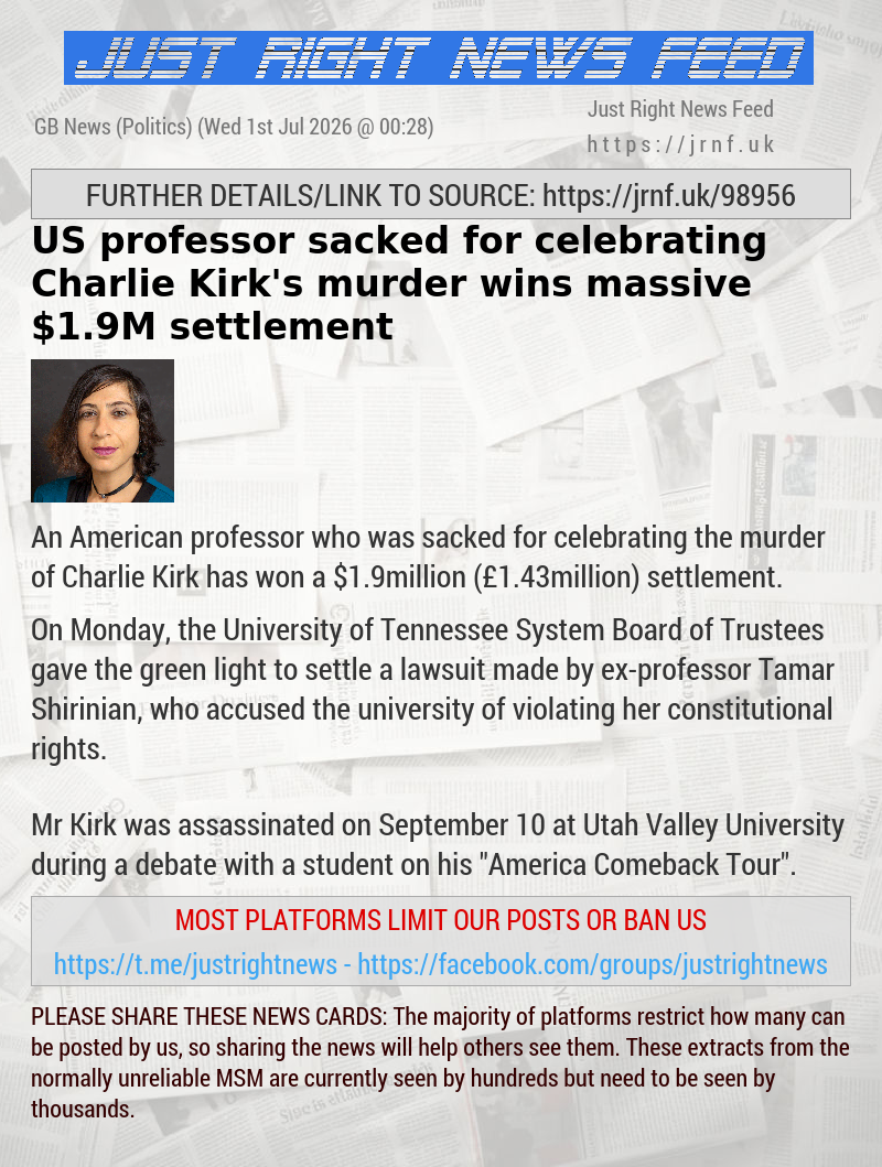 US professor sacked for celebrating Charlie Kirk’s murder wins massive $1.9M settlement