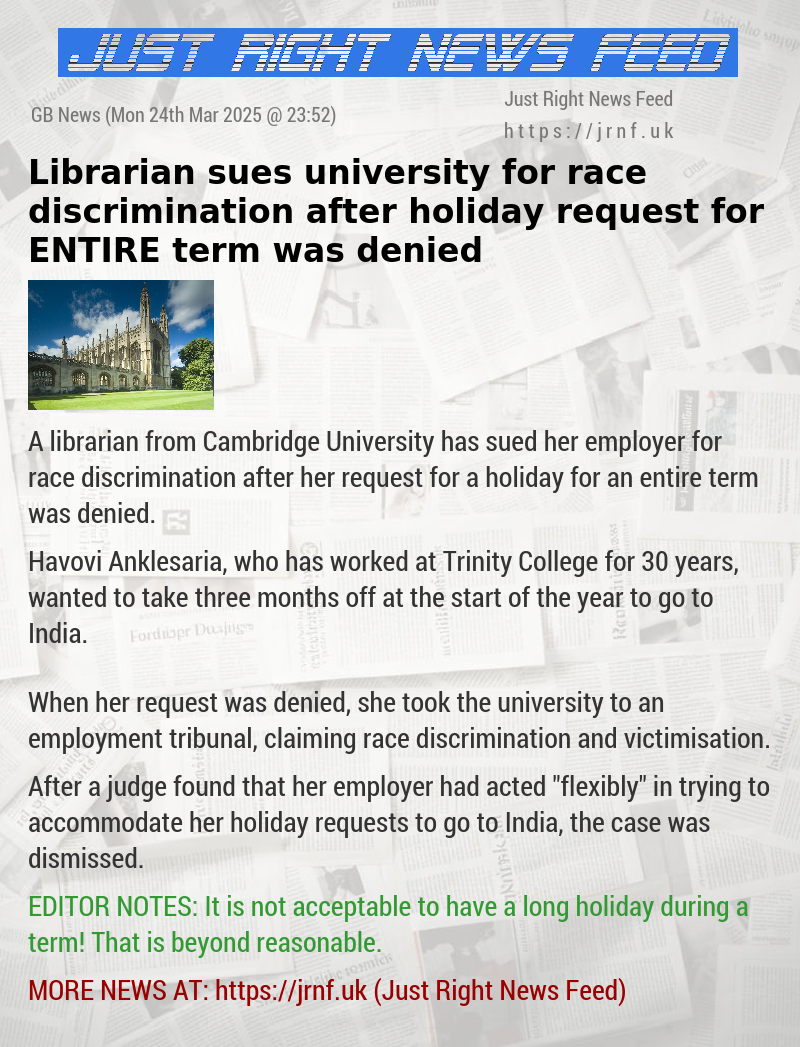 Librarian sues university for race discrimination after holiday request for ENTIRE term was denied