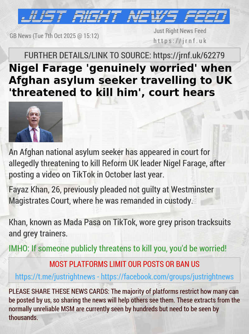 Nigel Farage ’genuinely worried’ when Afghan asylum seeker travelling to UK ’threatened to kill him’, court hears
