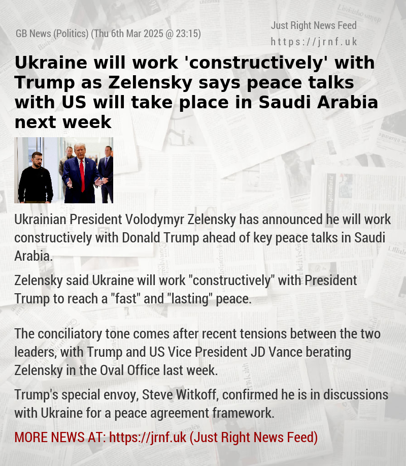 Ukraine will work ’constructively’ with Trump as Zelensky says peace talks with US will take place in Saudi Arabia next week