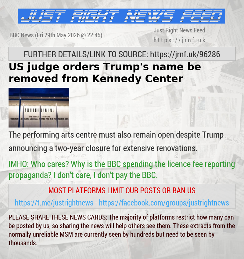 US judge orders Trump’s name be removed from Kennedy Center