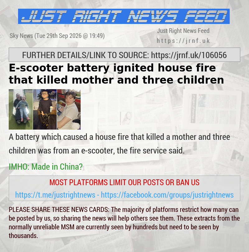 E—scooter battery ignited house fire that killed mother and three children