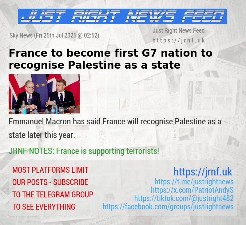 France to become first G7 nation to recognise Palestine as a state