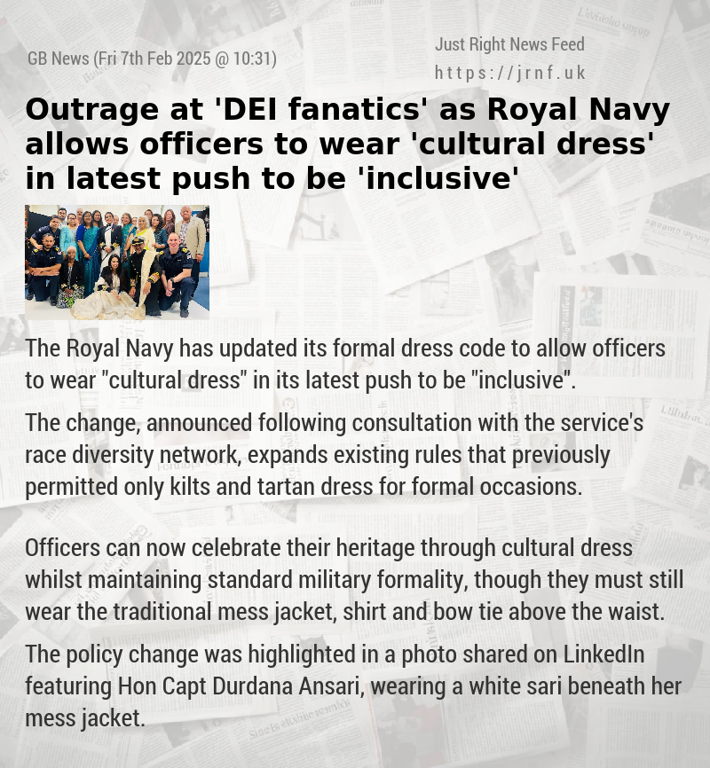 Outrage at ’DEI fanatics’ as Royal Navy allows officers to wear ’cultural dress’ in latest push to be ’inclusive’