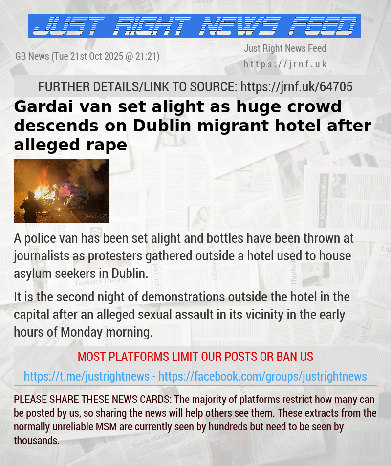 Gardai van set alight as huge crowd descends on Dublin migrant hotel after alleged rape