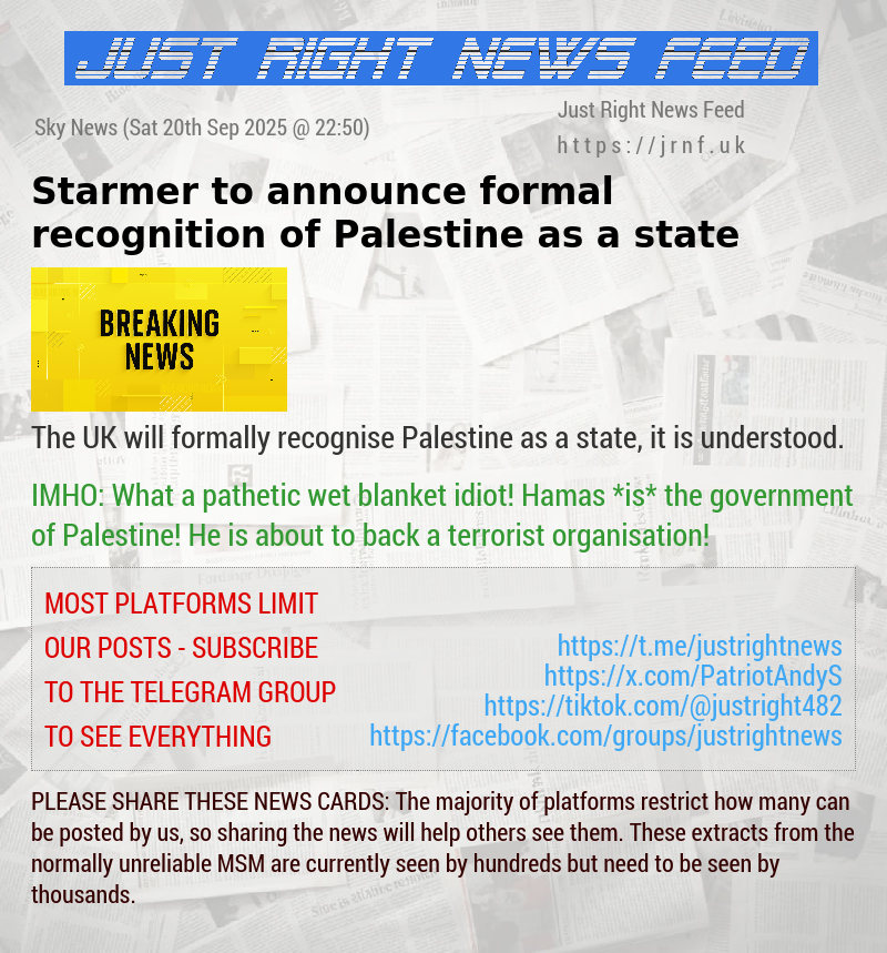 Starmer to announce formal recognition of Palestine as a state