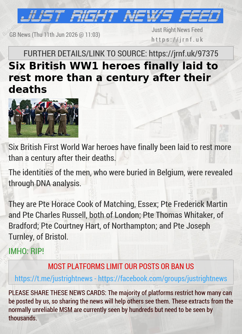 Six British WW1 heroes finally laid to rest more than a century after their deaths