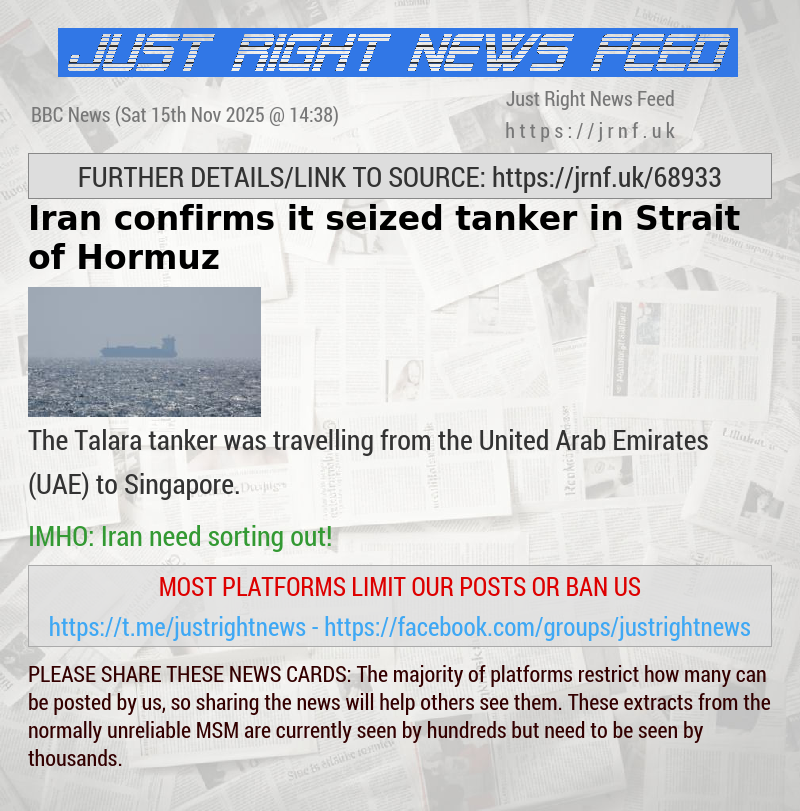 Iran confirms it seized tanker in Strait of Hormuz