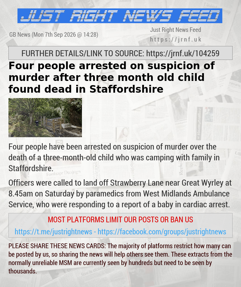 Four people arrested on suspicion of murder after three—month—old child found dead in Staffordshire