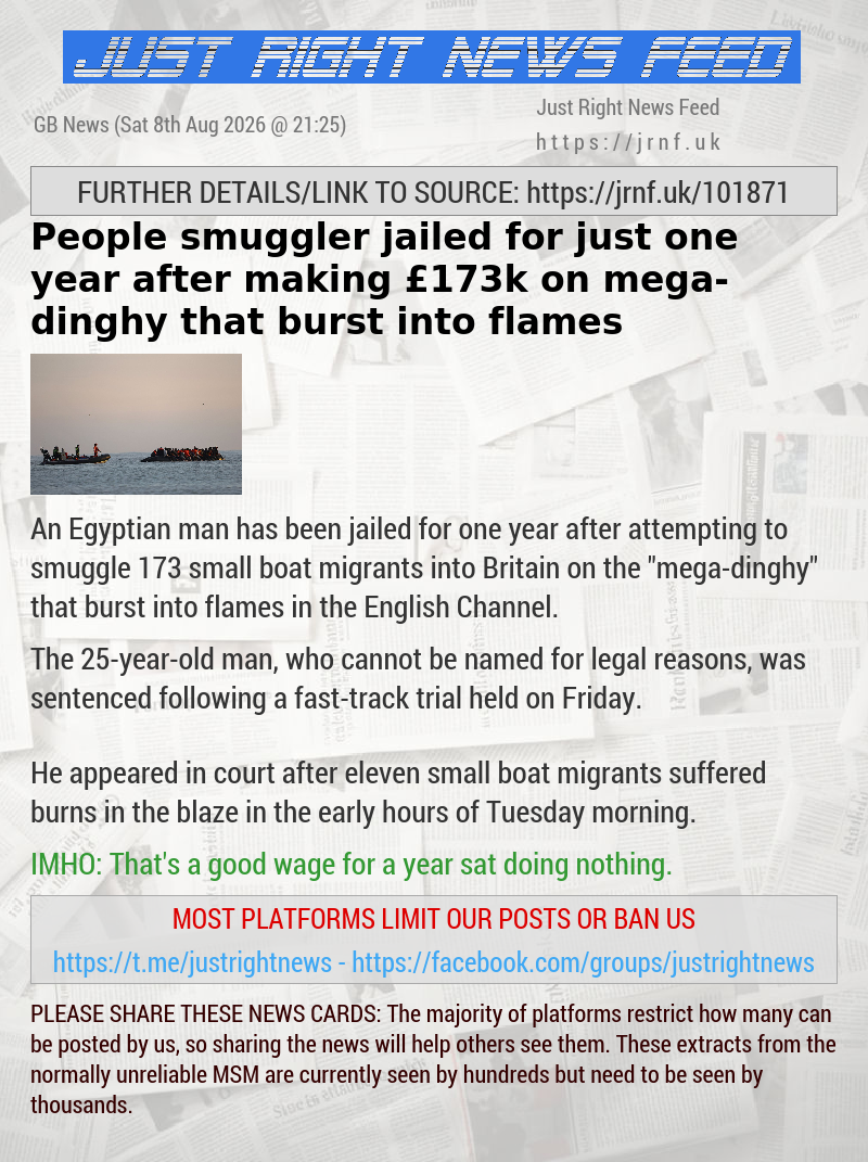 People smuggler jailed for just one year after making &pound;173k on mega—dinghy that burst into flames