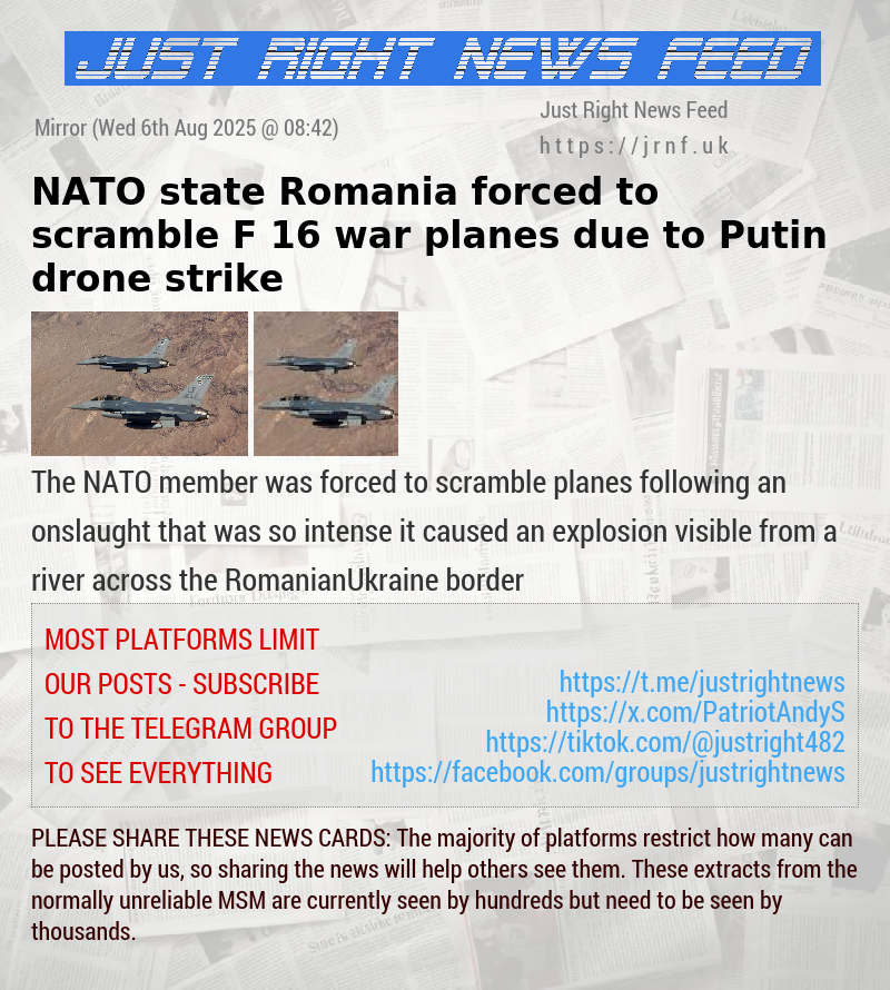 NATO state Romania forced to scramble F—16 war planes due to Putin drone strike
