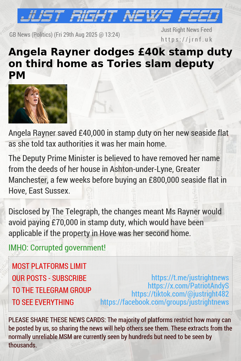 Angela Rayner dodges £40k stamp duty on third home as Tories slam deputy PM