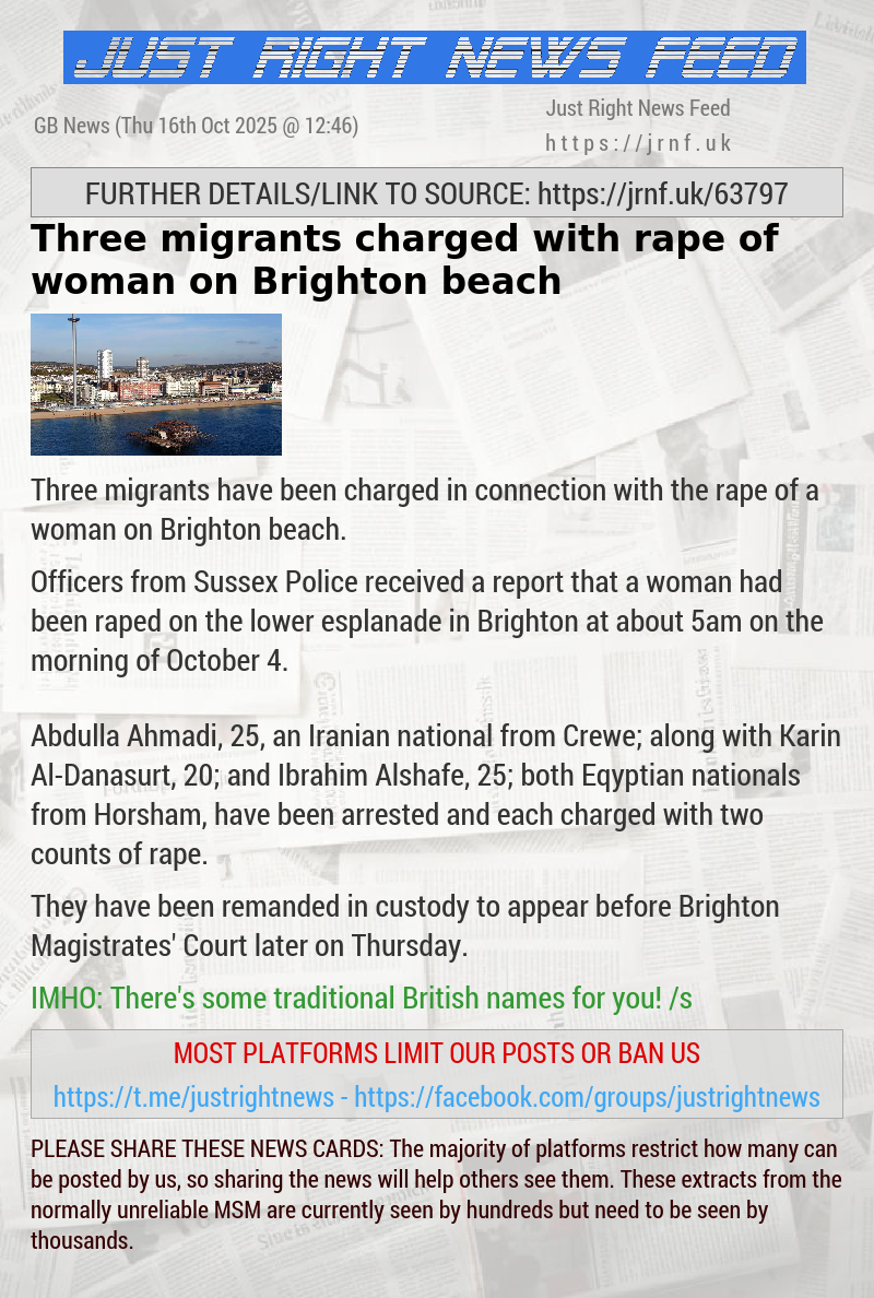 Three migrants charged with rape of woman on Brighton beach