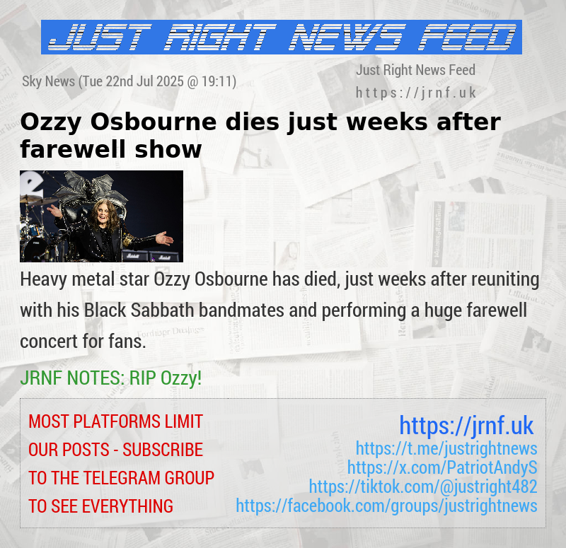 Ozzy Osbourne dies just weeks after farewell show