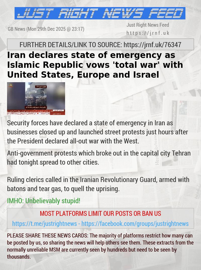 Iran declares state of emergency as Islamic Republic vows ’total war’ with United States, Europe and Israel