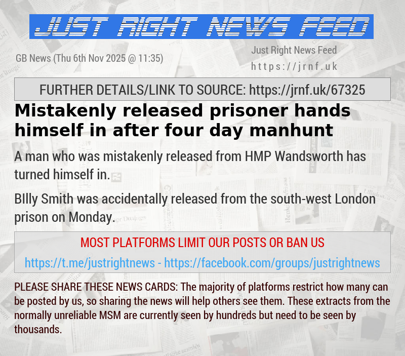 Mistakenly released prisoner hands himself in after four—day manhunt