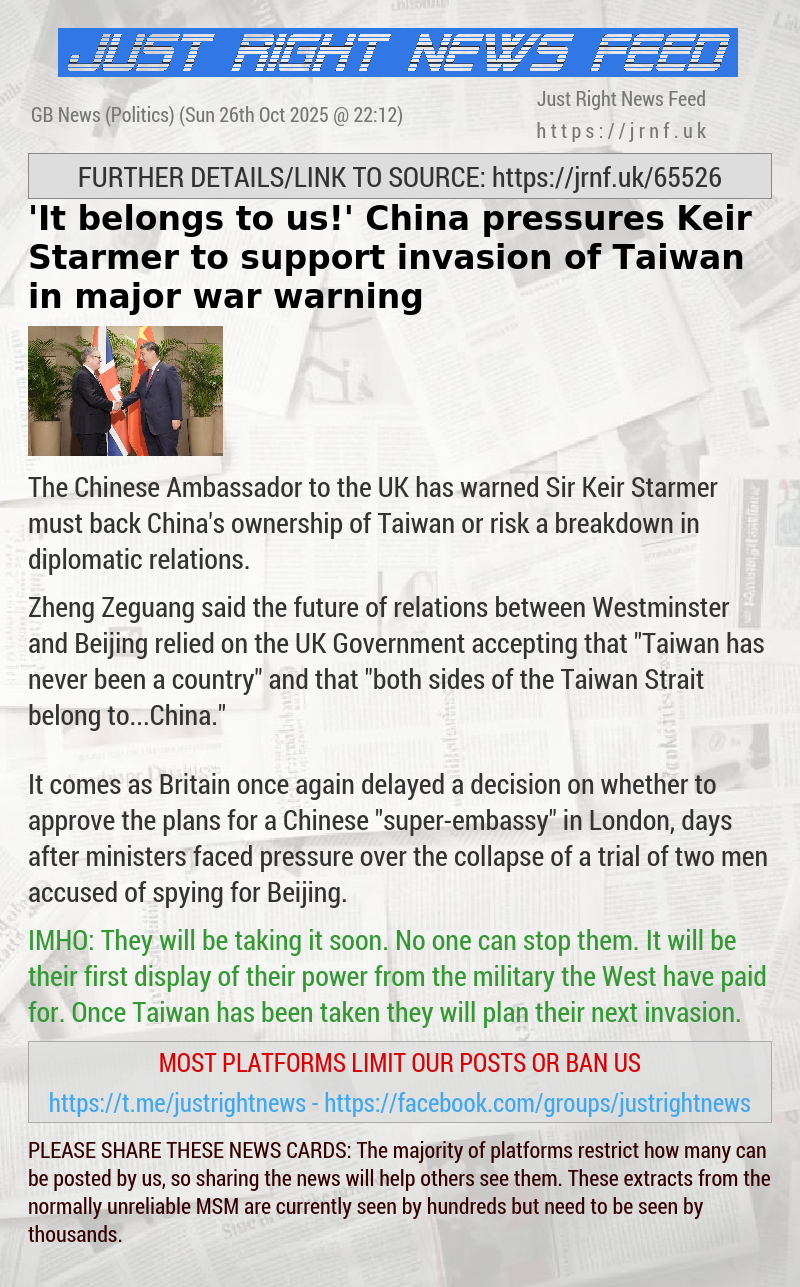 ’It belongs to us!’ China pressures Keir Starmer to support invasion of Taiwan in major war warning