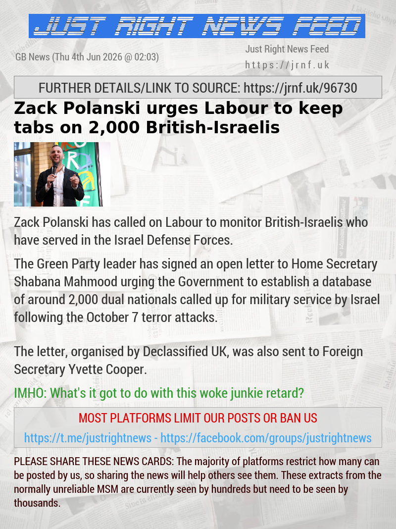 Zack Polanski urges Labour to keep tabs on 2,000 British—Israelis