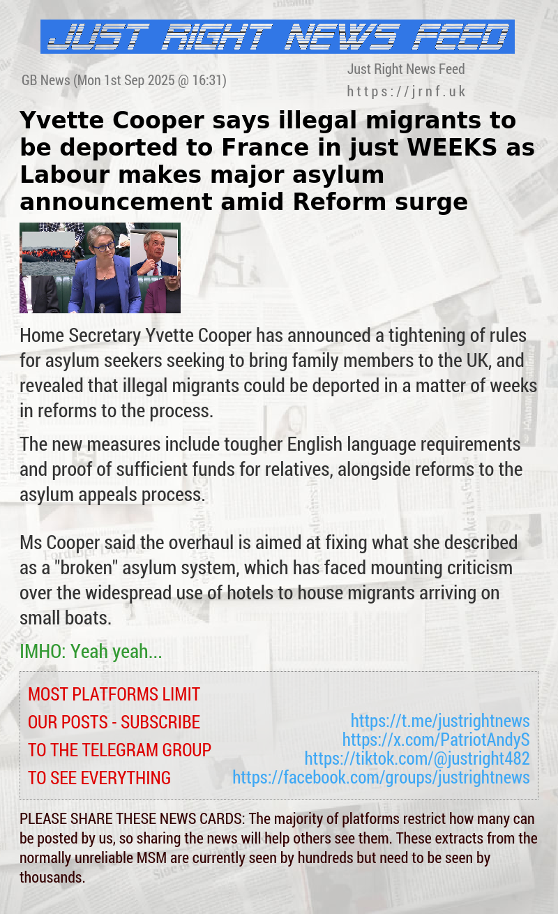 Yvette Cooper says illegal migrants to be deported to France in just WEEKS as Labour makes major asylum announcement amid Reform surge