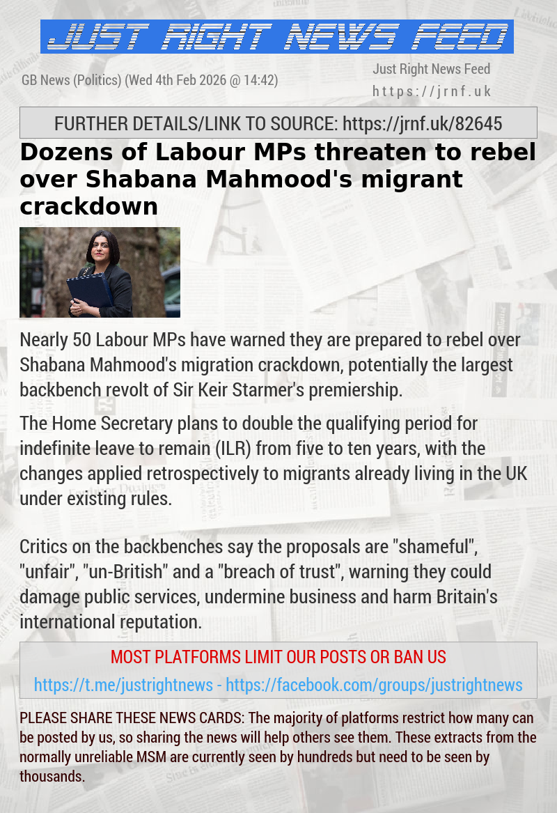 Dozens of Labour MPs threaten to rebel over Shabana Mahmood’s migrant crackdown