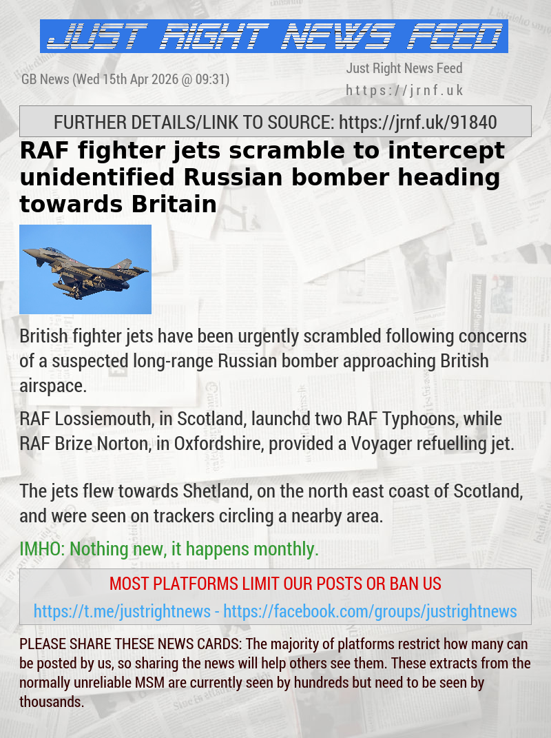 RAF fighter jets scramble to intercept unidentified Russian bomber heading towards Britain