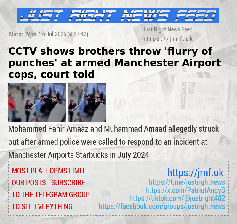 CCTV shows brothers throw ’flurry of punches’ at armed Manchester Airport cops, court told