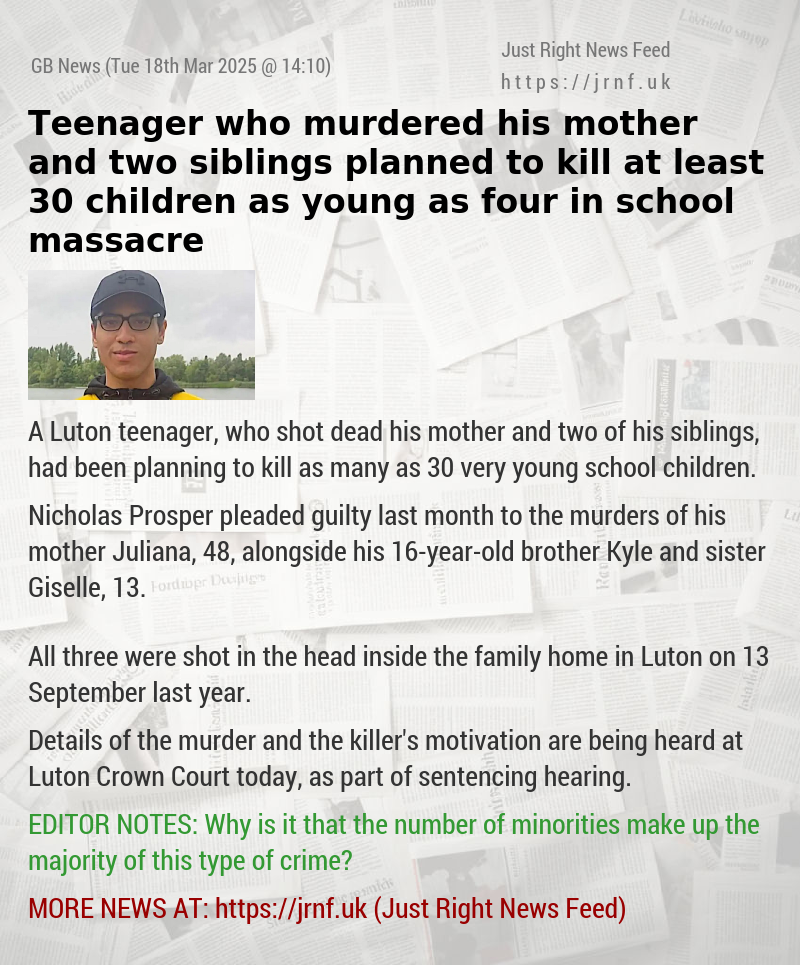 Teenager who murdered his mother and two siblings planned to kill at least 30 children as young as four in school massacre