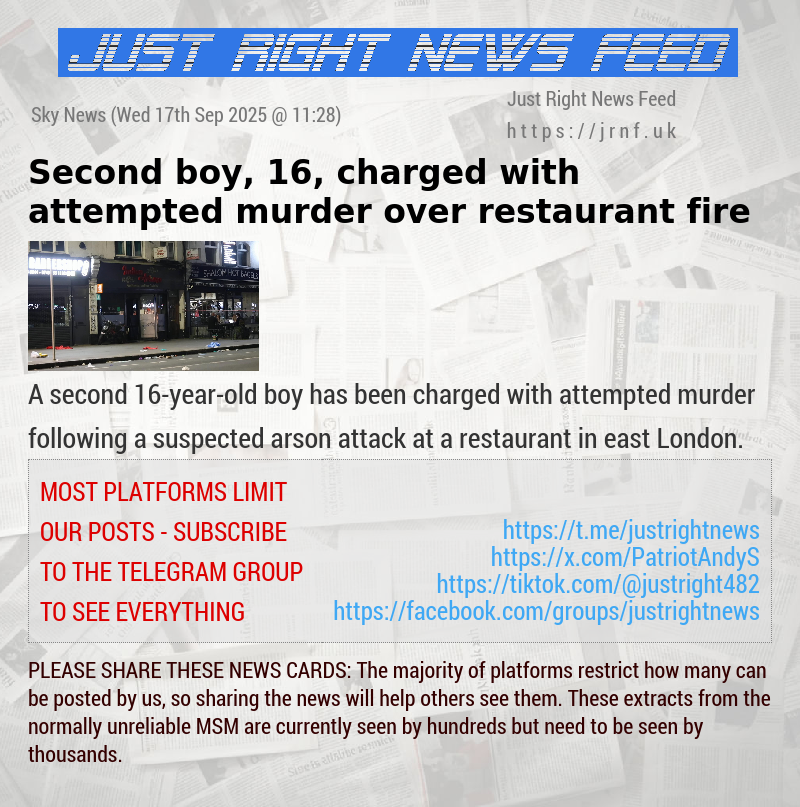 Second boy, 16, charged with attempted murder over restaurant fire