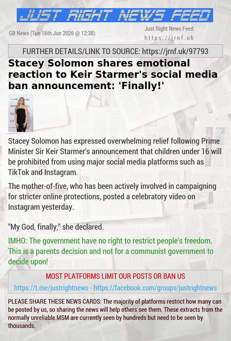 Stacey Solomon shares emotional reaction to Keir Starmer’s social media ban announcement: ’Finally!’