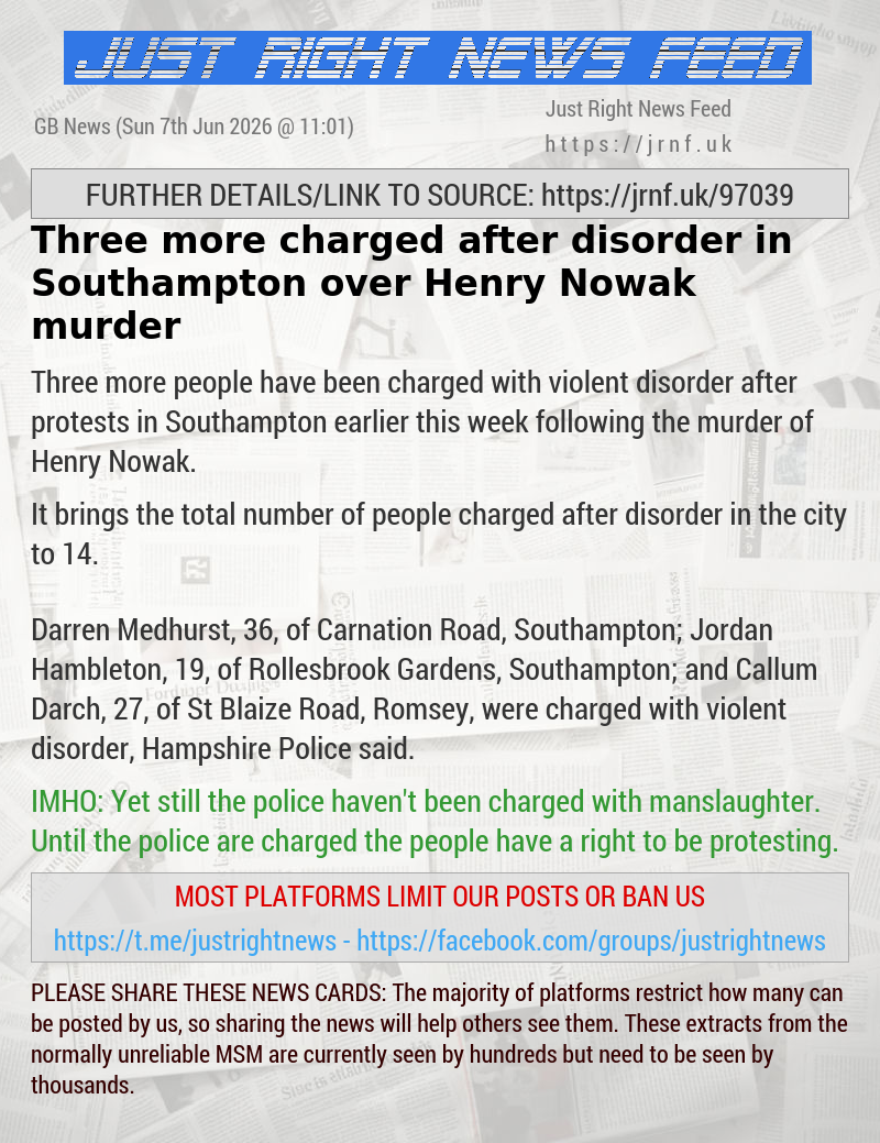 Three more charged after disorder in Southampton over Henry Nowak murder