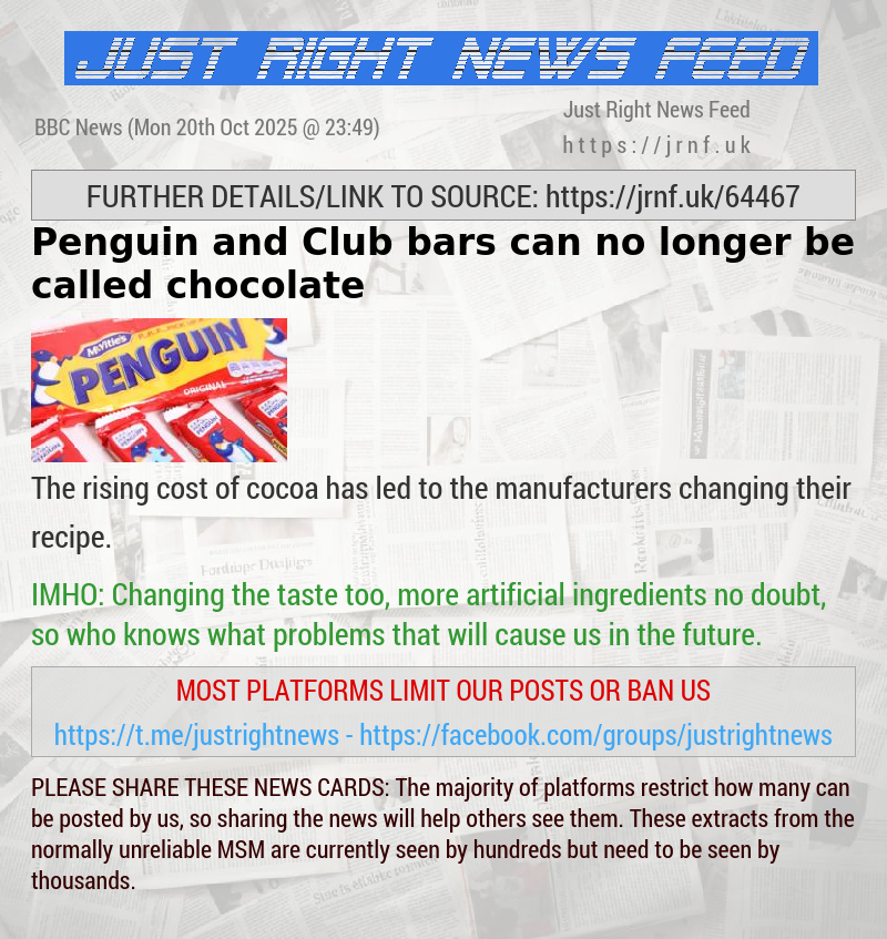 Penguin and Club bars can no longer be called chocolate