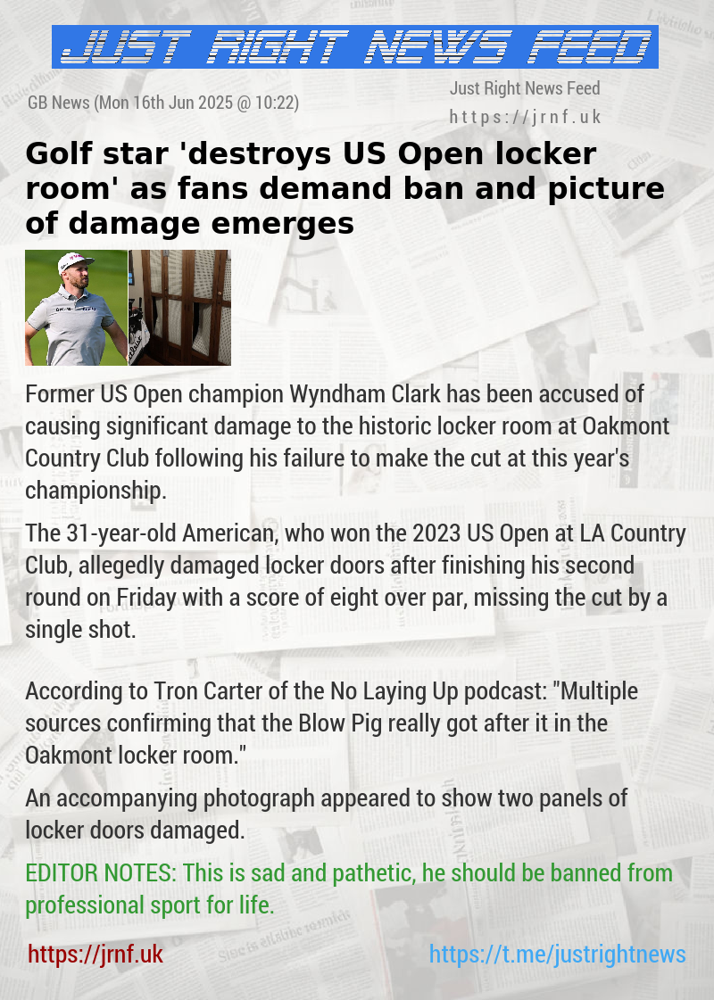 Golf star ’destroys US Open locker room’ as fans demand ban and picture of damage emerges