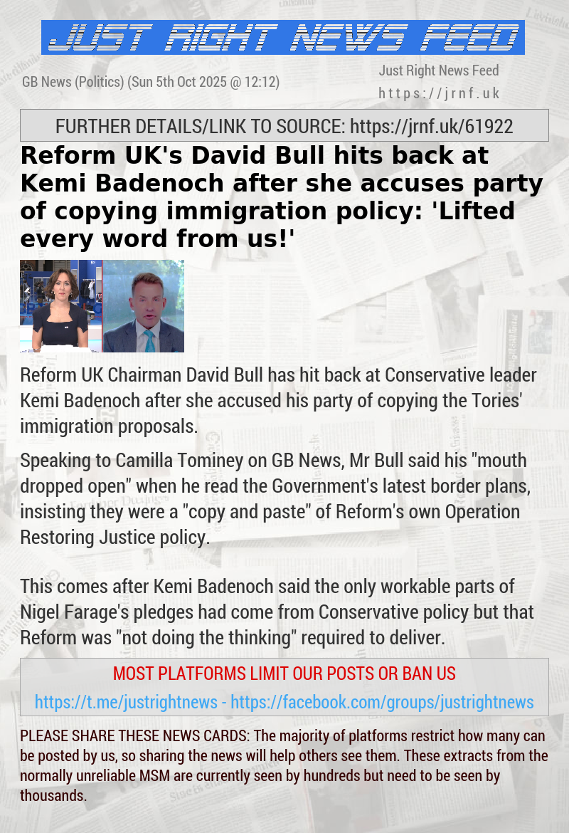Reform UK’s David Bull hits back at Kemi Badenoch after she accuses party of copying immigration policy: ’Lifted every word from us!’