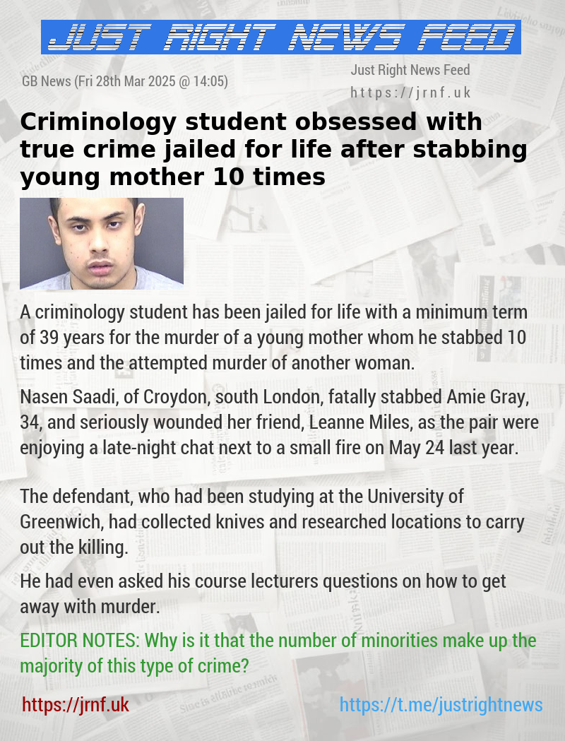 Criminology student obsessed with true crime jailed for life after stabbing young mother 10 times