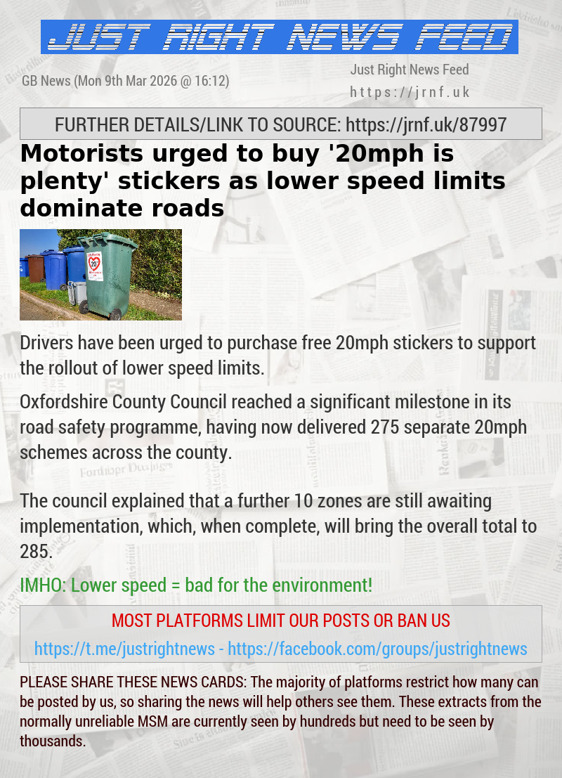 Motorists urged to buy ’20mph is plenty’ stickers as lower speed limits dominate roads