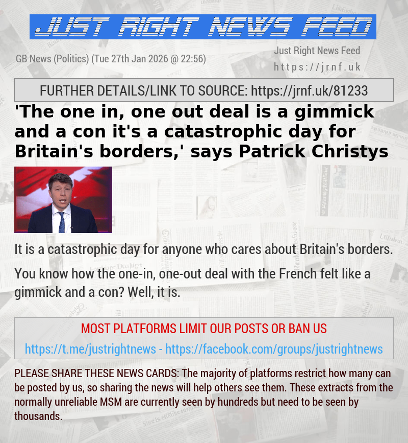 ’The one—in, one—out deal is a gimmick and a con — it’s a catastrophic day for Britain’s borders,’ says Patrick Christys