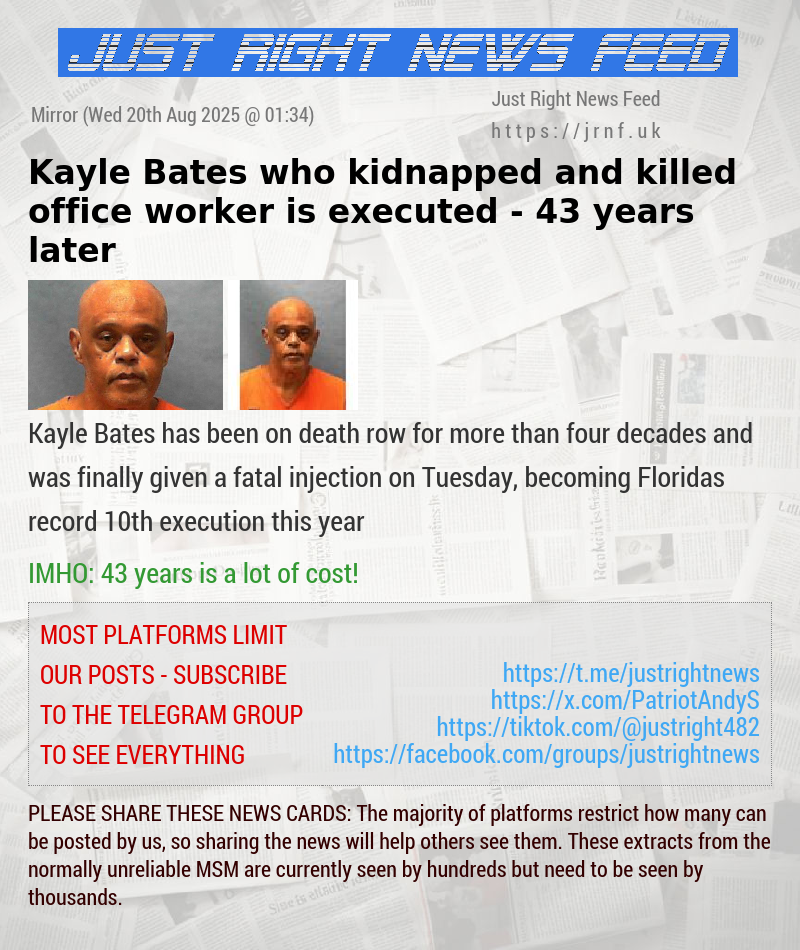 Kayle Bates who kidnapped and killed office worker is executed — 43 years later