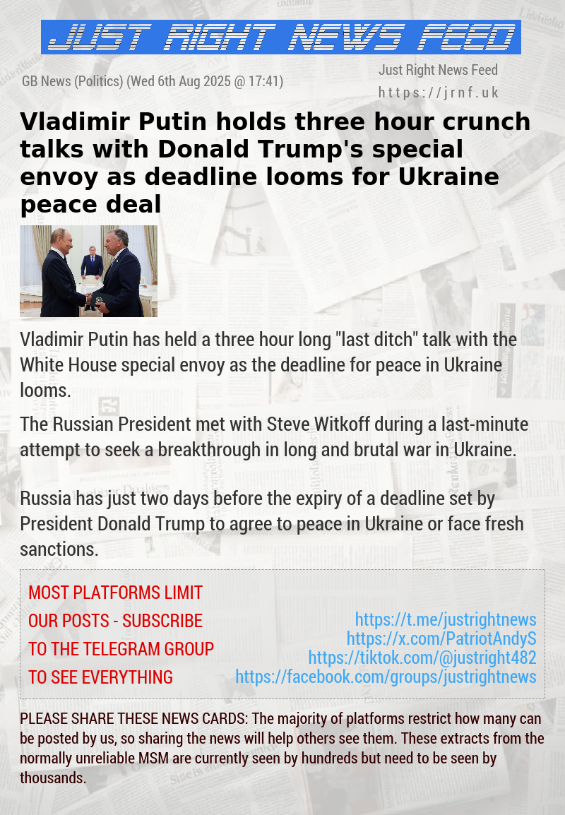 Vladimir Putin holds three—hour crunch talks with Donald Trump’s special envoy as deadline looms for Ukraine peace deal
