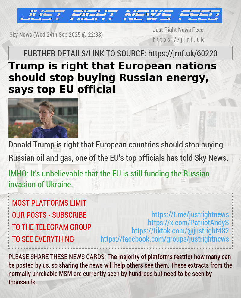 Trump is right that European nations should stop buying Russian energy, says top EU official