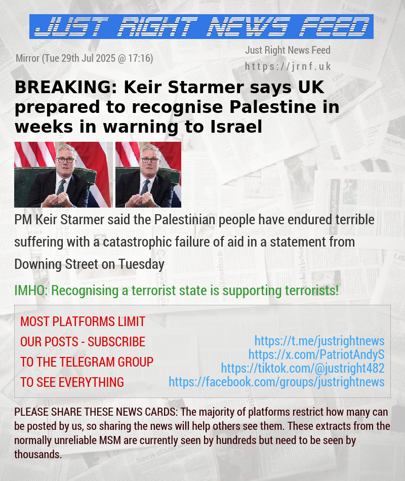 BREAKING: Keir Starmer says UK prepared to recognise Palestine in weeks in warning to Israel
