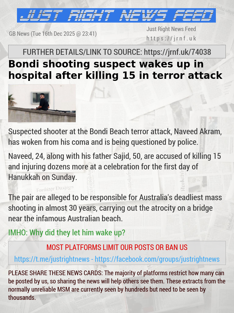 Bondi shooting suspect wakes up in hospital after killing 15 in terror attack
