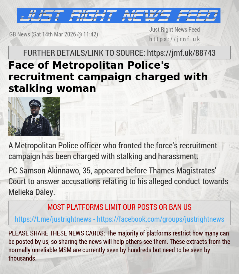 Face of Metropolitan Police’s recruitment campaign charged with stalking woman