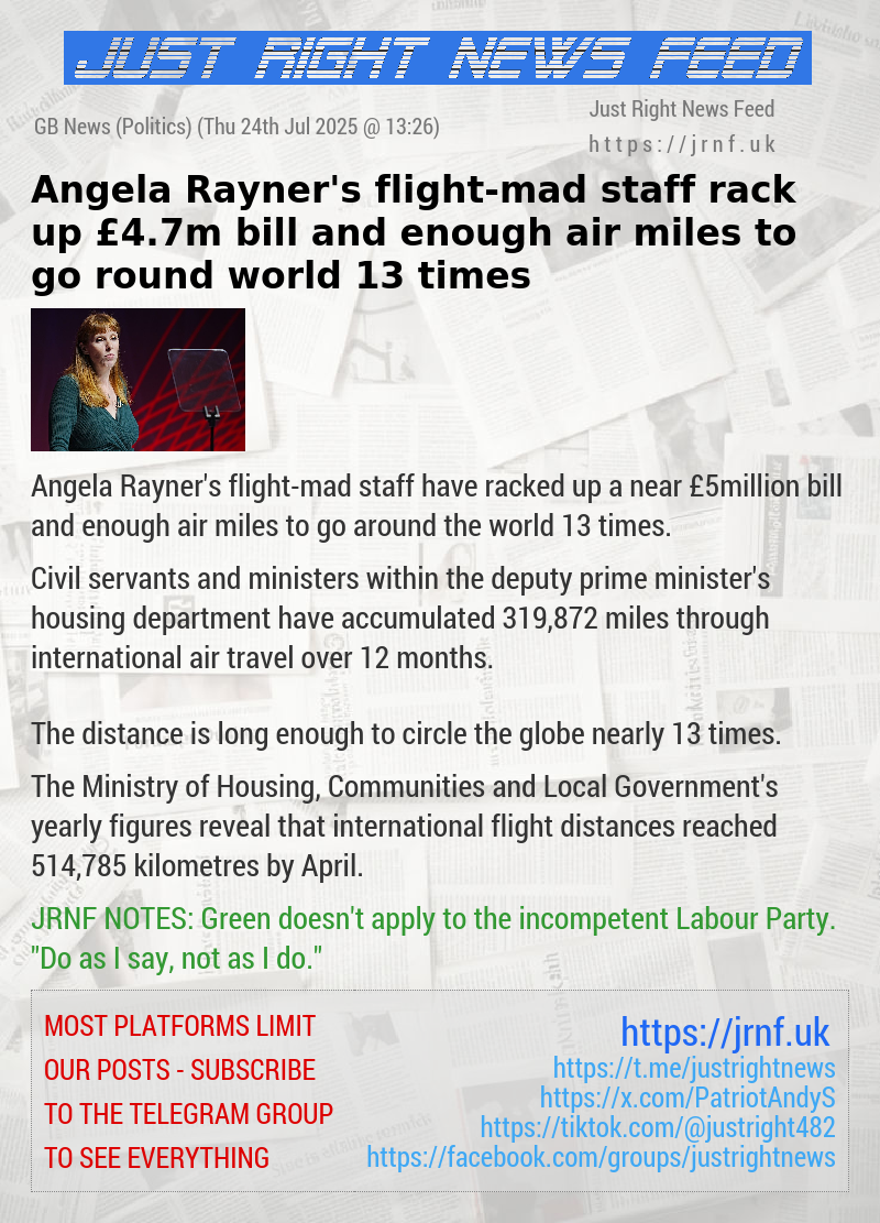 Angela Rayner’s flight—mad staff rack up £4.7m bill and enough air miles to go round world 13 times