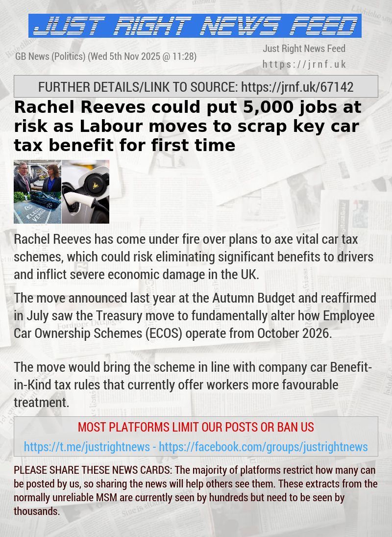 Rachel Reeves could put 5,000 jobs at risk as Labour moves to scrap key car tax benefit for first time