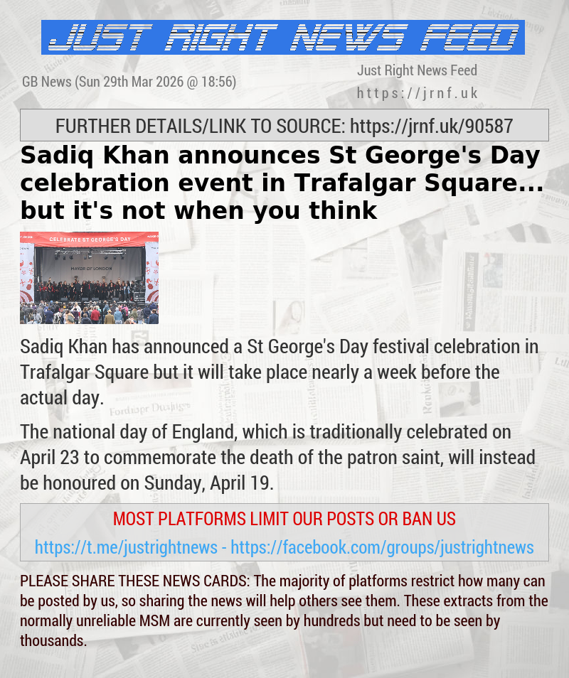 Sadiq Khan announces St George’s Day celebration event in Trafalgar Square... but it’s not when you think