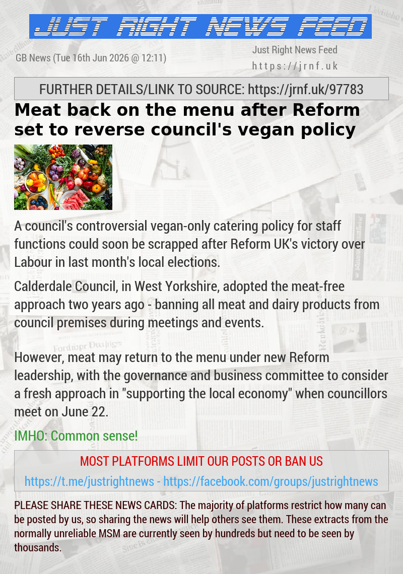 Meat back on the menu after Reform set to reverse council’s vegan policy