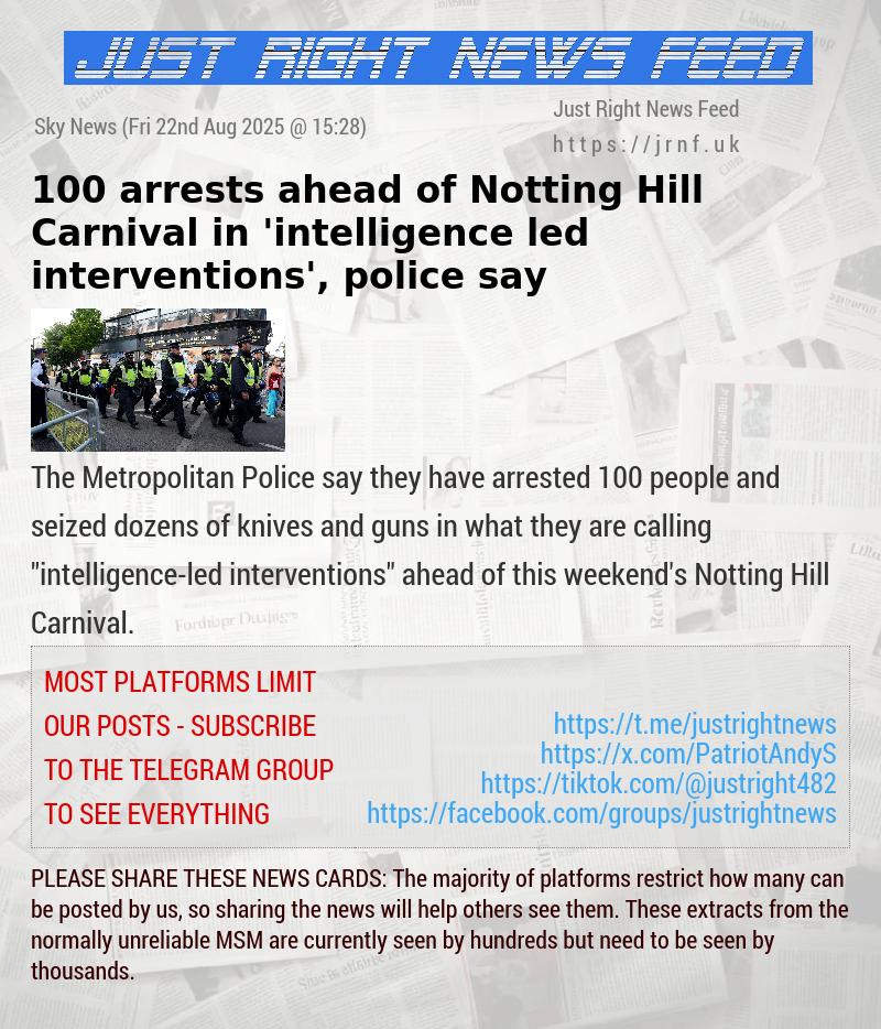 100 arrests ahead of Notting Hill Carnival in ’intelligence—led interventions’, police say