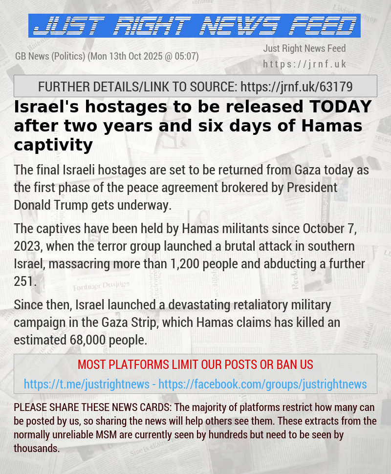 Israel’s hostages to be released TODAY after two years and six days of Hamas captivity